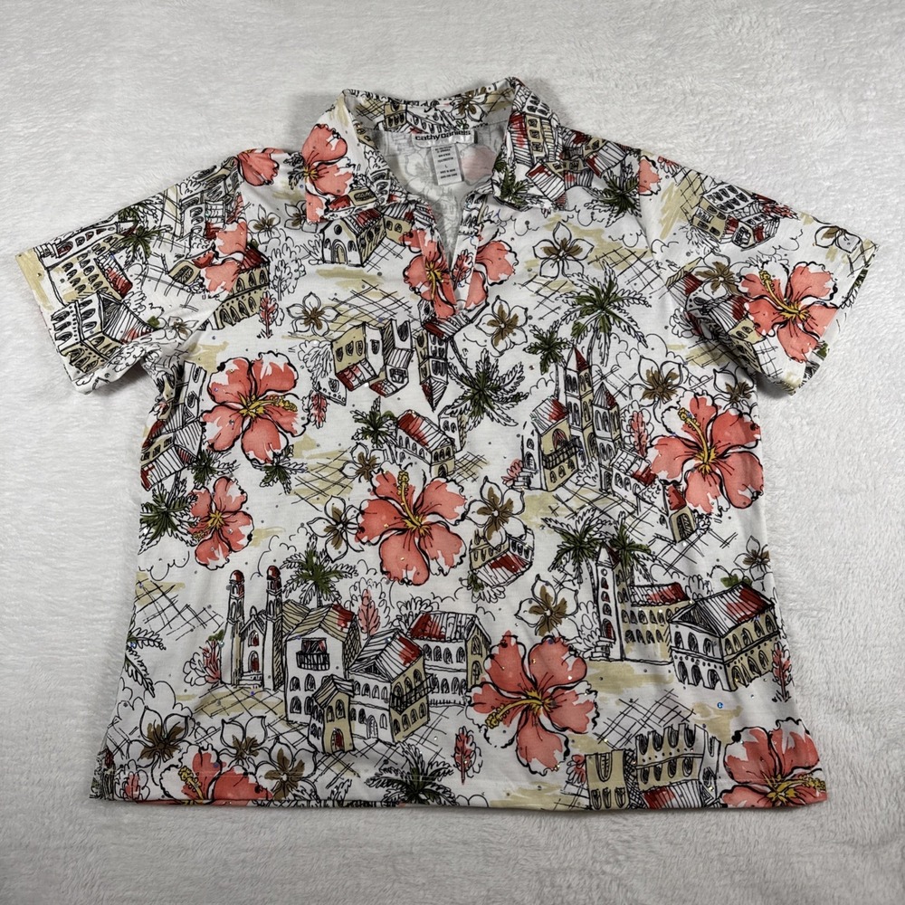 Cathy Daniels L Tropical Hibiscus Print Sparkle Embellished Stretch Top‎